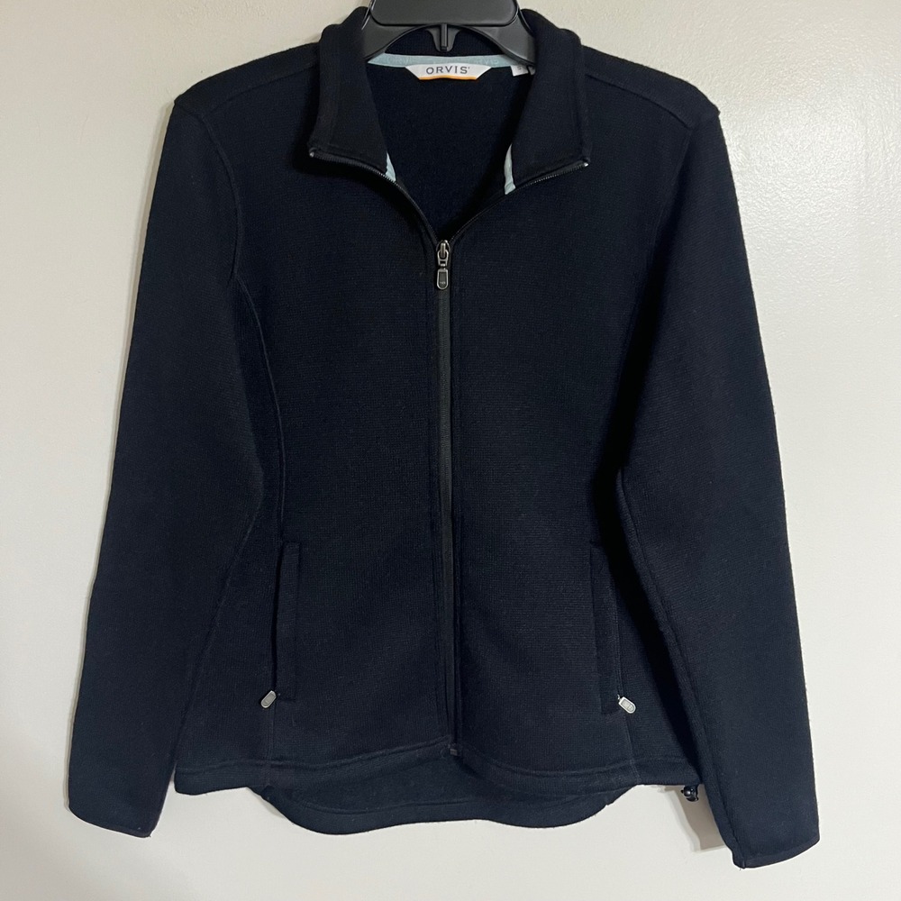 Orvis Mens Full Zip Fleece Jacket Black Sweater Knit‎ Size Small RN 70534